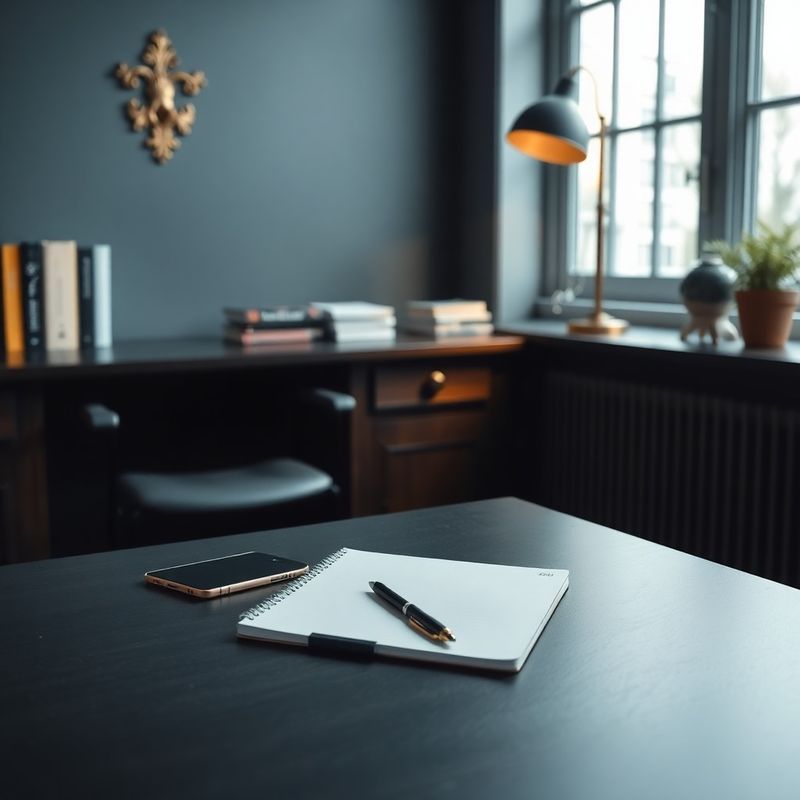 Minimal desk with a notebook, pen, and smartphone in a slate-toned office