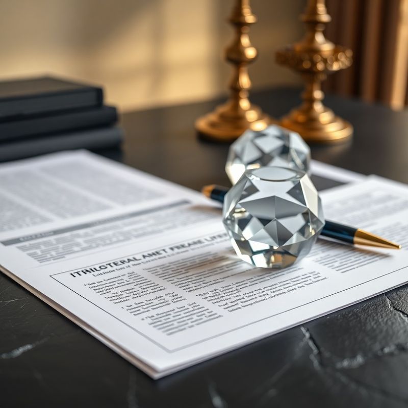 Structured legal documents and a geometric glass paperweight on a dark slate desk